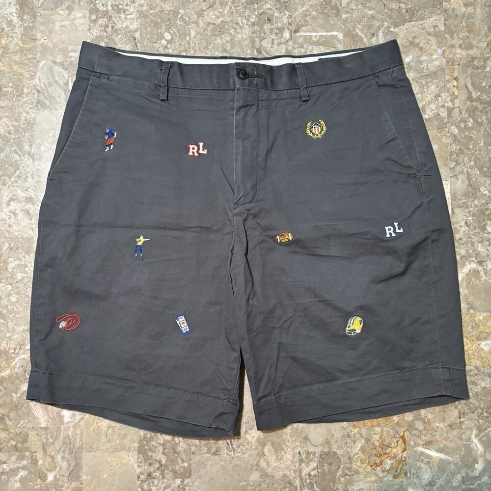 Polo Ralph Lauren Shorts Mens 35 Grey Embroidered Rugby Varsity Crest Chino